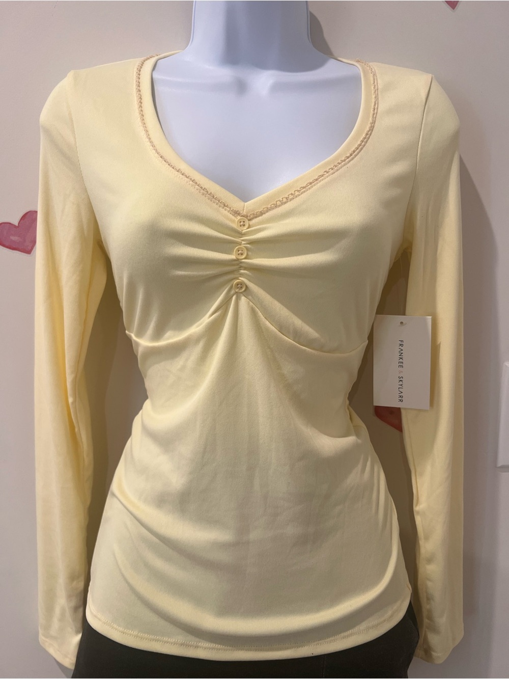 Pale Yellow Long-Sleeve Ruched V-Neck Top